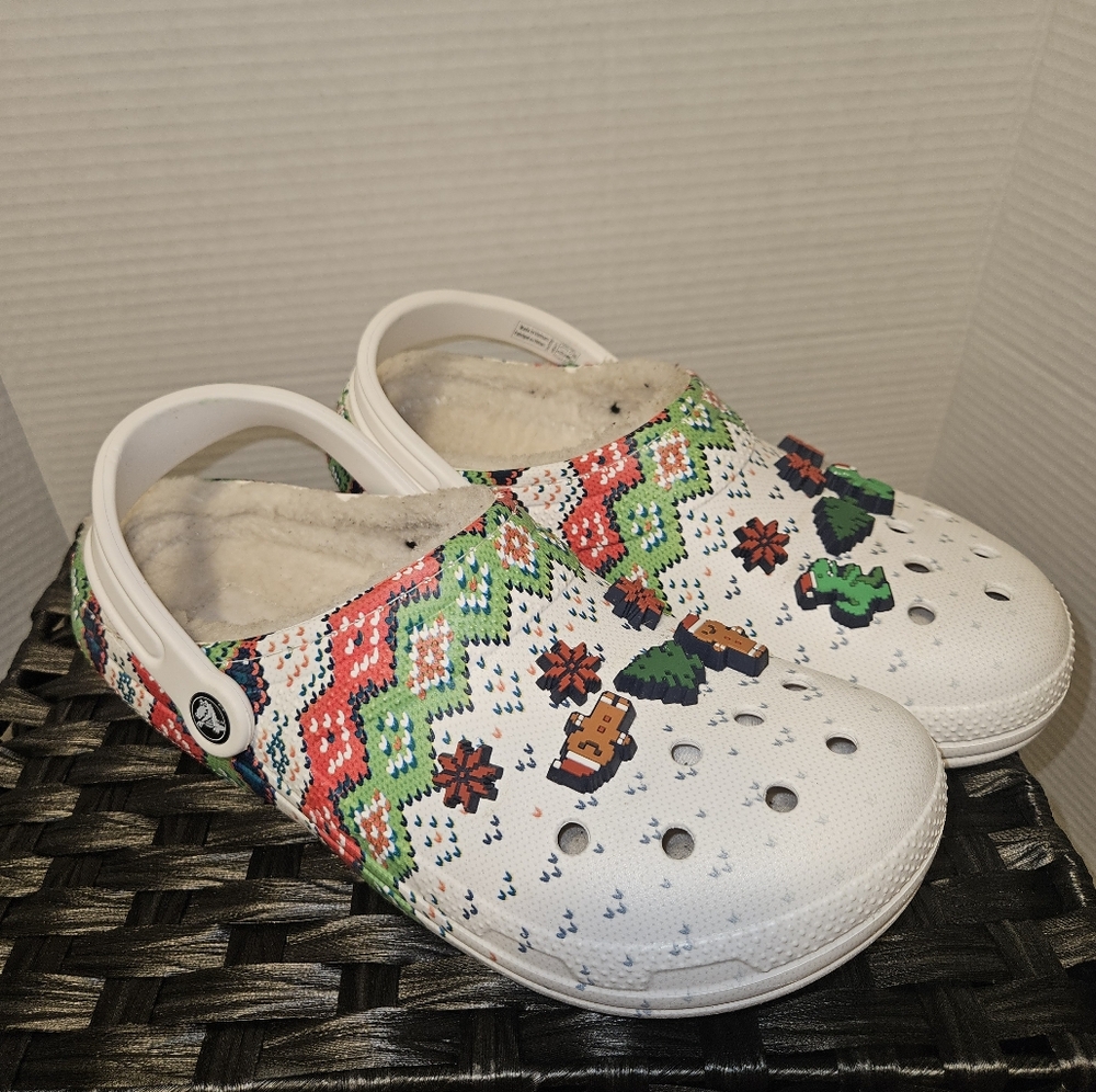 Crocs Classic Lined Holiday Clog Christmas M9 W11 White Fuzzy Ugly Sweater